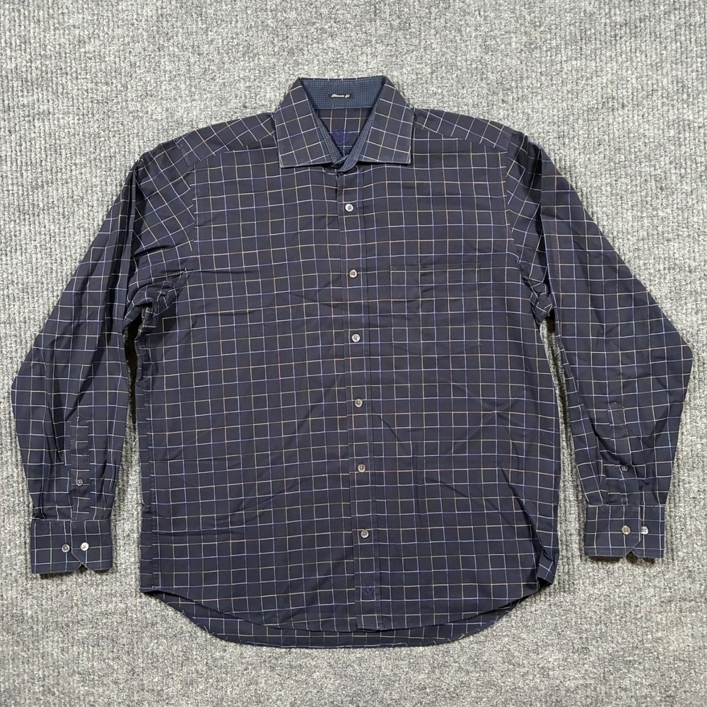 Bugatchi Uomo Classic Fit Shirt Mens Large Plaid Windowpane Button‎ Up Cotton